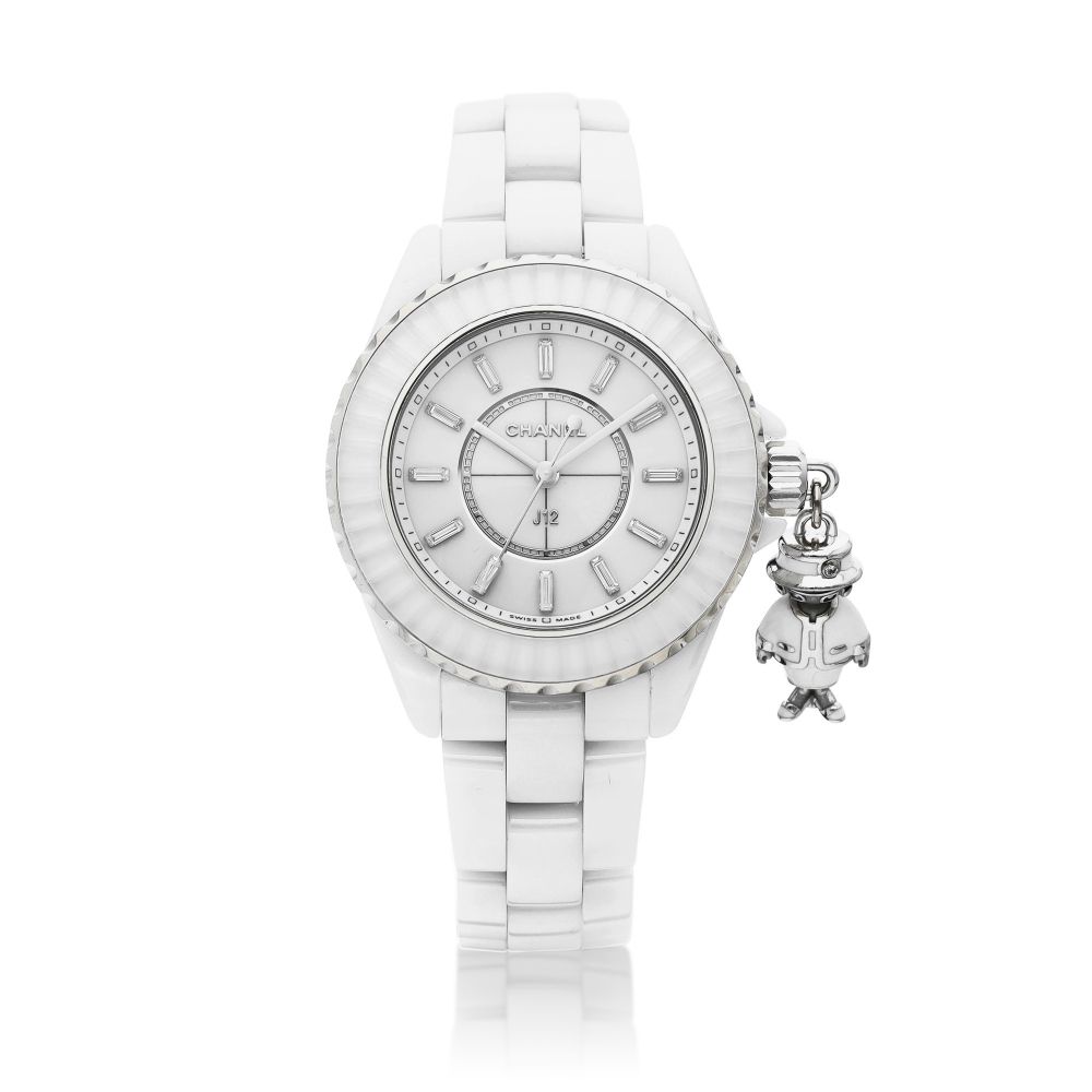 Mademoiselle J12 Acte II, Reference H6478, A ceramic, white gold and  diamond-set wristwatch with bracelet and white gold lacquered and diamond-set  Coco charm, Circa 2021, 香奈兒