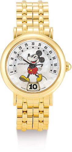 Gerald Genta FANTASY RETRO MICKEY MOUSE, REFERENCE G3622 A YELLOW GOLD JUMPING HOUR WRISTWATCH WITH RETROGRADE MINUTES, MOTHER-OF-PEARL DIAL AND BRACELET, CIRCA 1995