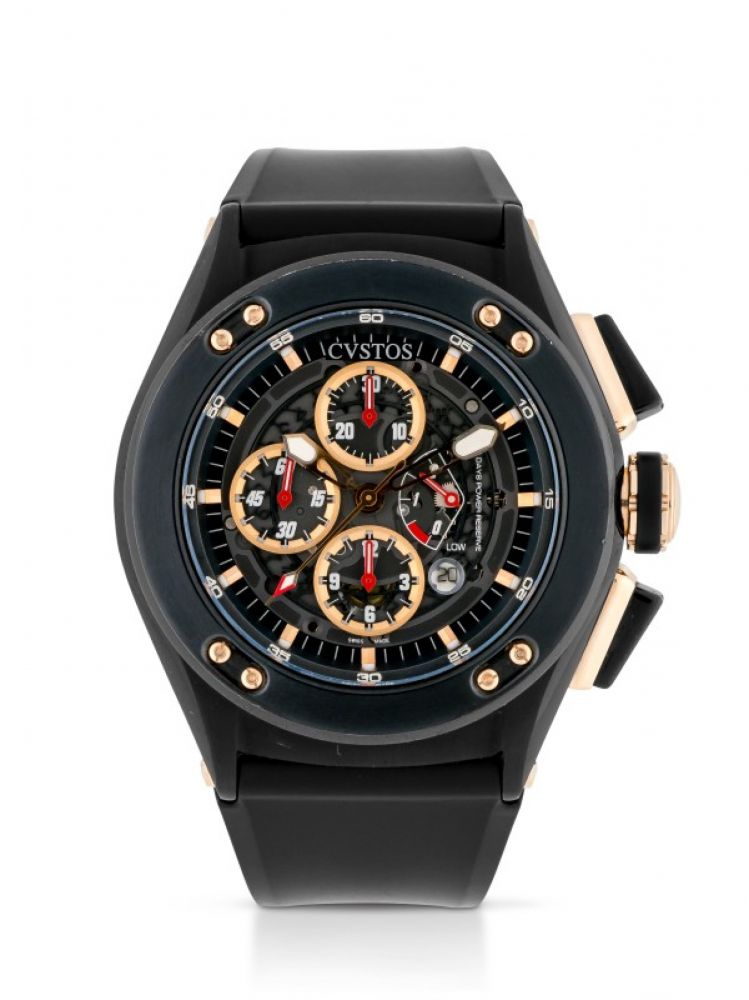 CVSTOS | CHALLENGE-R50 BLACKENED STAINLESS STEEL AND PINK GOLD CHRONOGRAPH WRISTWATCH WITH DATE AND POWER-RESERVE INDICATION CIRCA 2010