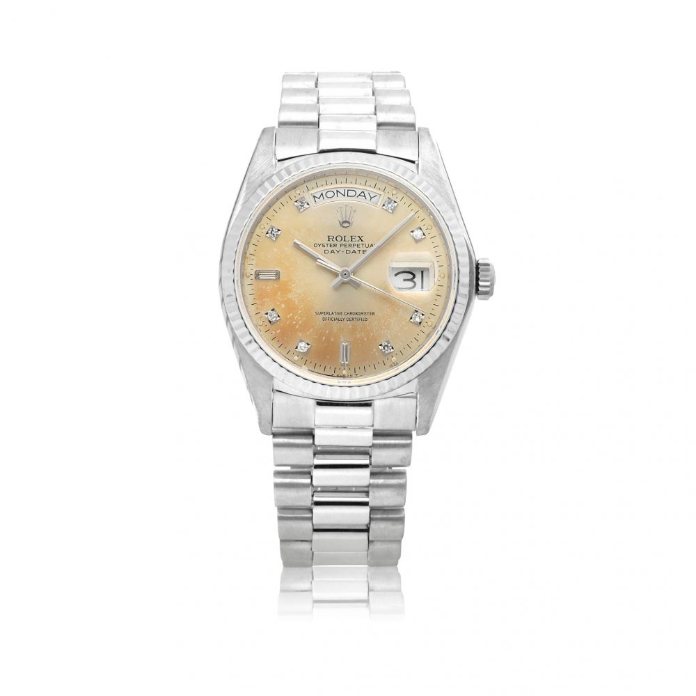 ROLEX | DAY-DATE, REF 18039, WHITE GOLD AND DIAMOND-SET WRISTWATCH WITH DAY, DATE AND BRACELET, CIRCA 1982