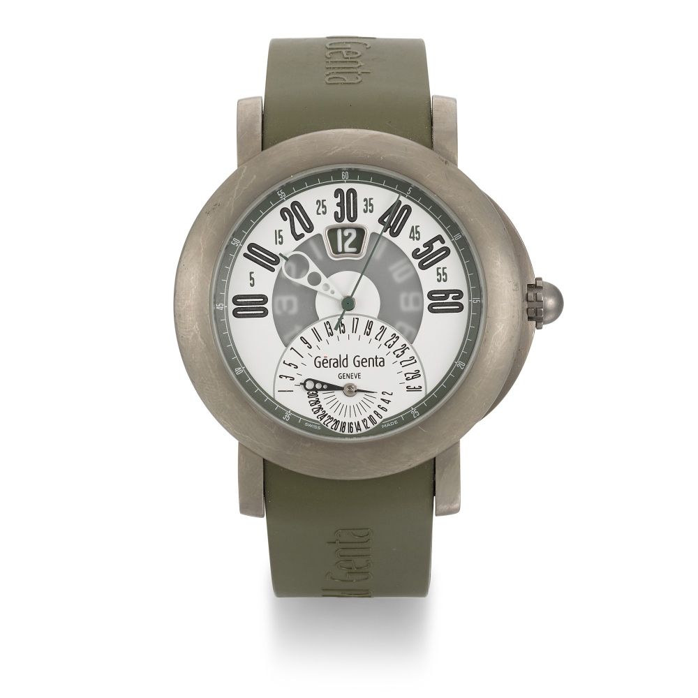 GÉRALD GENTA | ARENA SPORT RETRO, REF BSP.Y.80, TITANIUM JUMPING-HOUR WRISTWATCH WITH DATE, CIRCA 2009