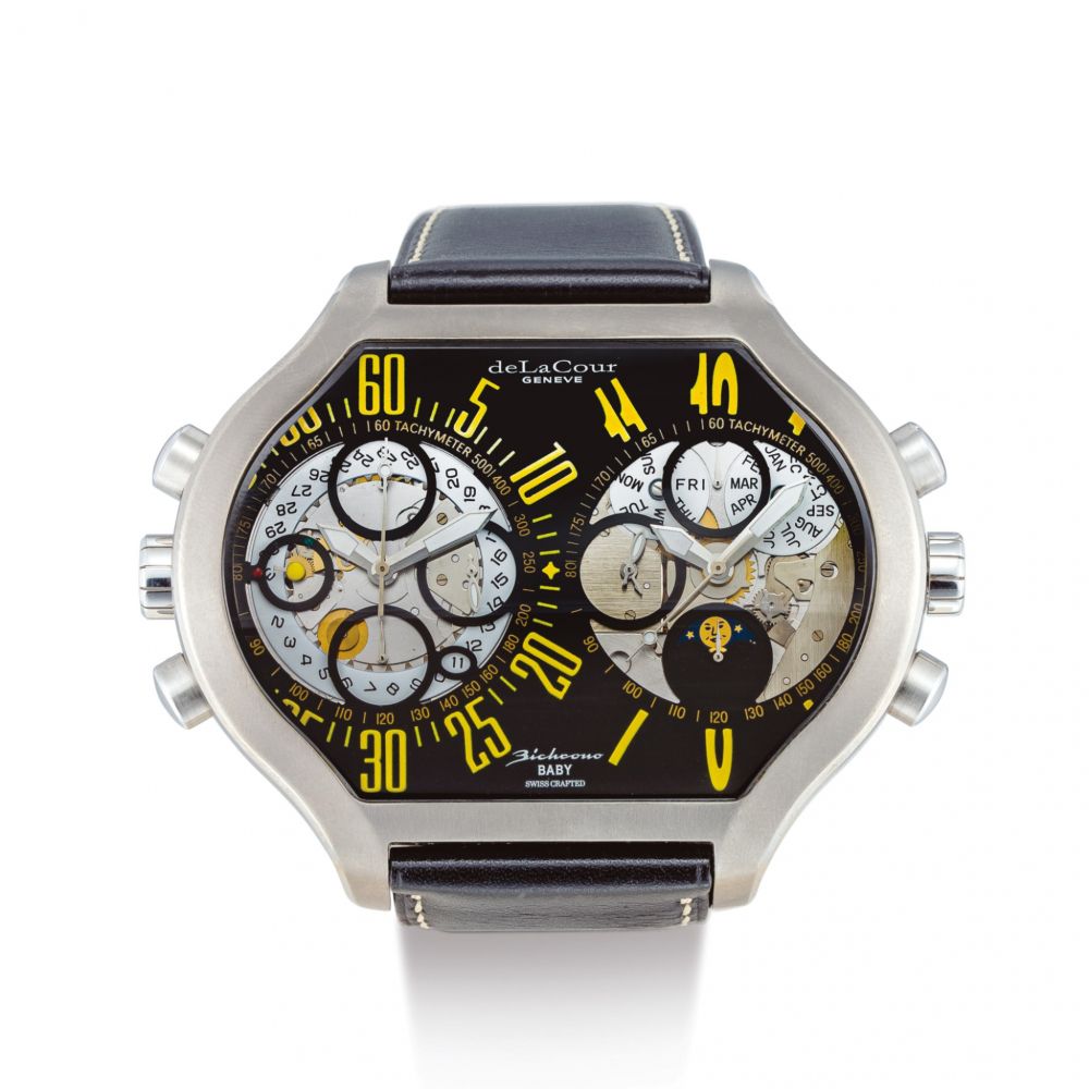 DELACOUR | BICHRONO BABY A TITANIUM SKELETONIZED DUAL TIME ZONE CHRONOGRAPH WRISTWATCH WITH DAY, DATE AND MOON PHASES, CIRCA 2008 | Bichrono Baby 鈦金屬鏤空兩地時間計時腕錶，備日期、星期及月相顯示，錶殼編號45276，約2008年製