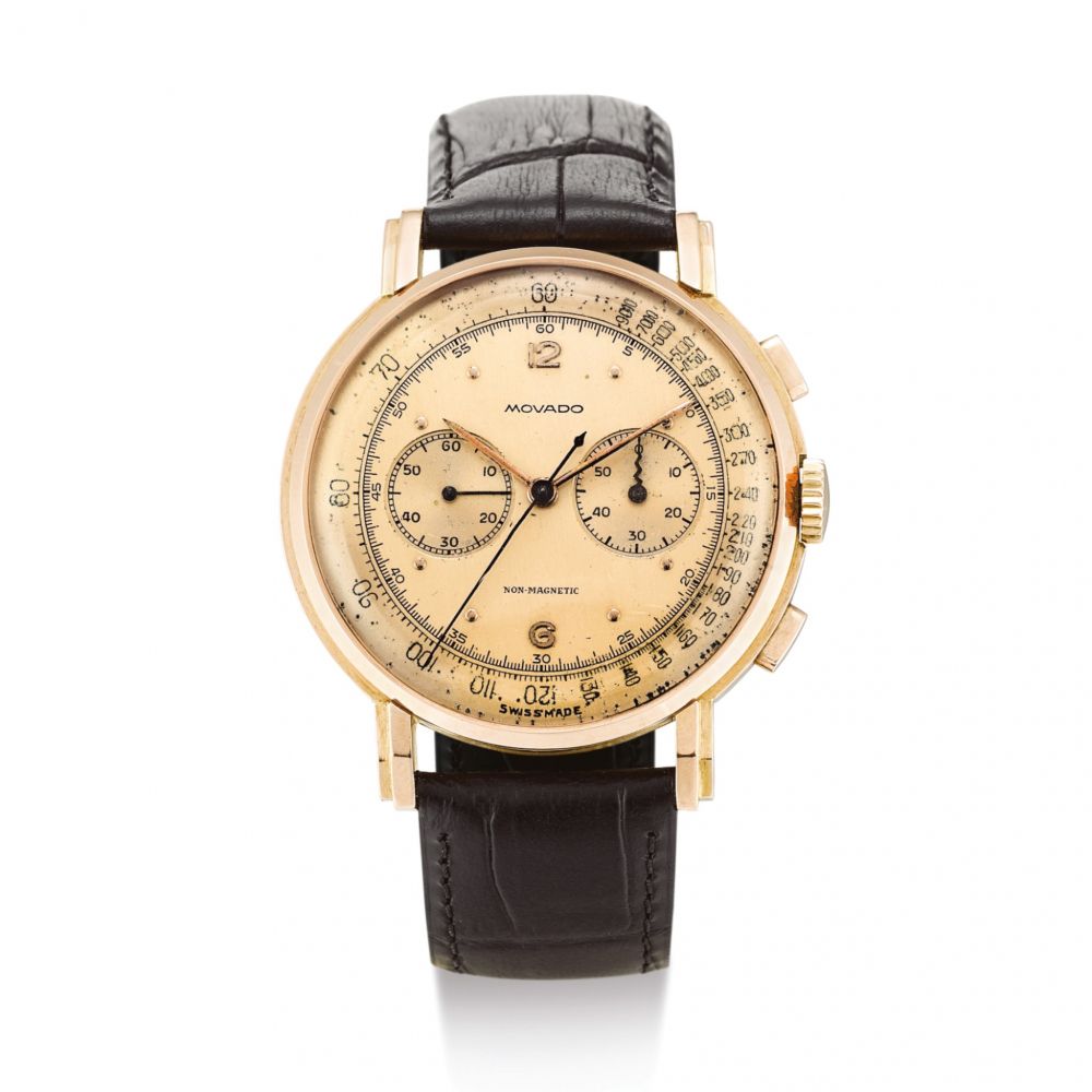 MOVADO | REFERENCE R9033 A PINK GOLD CHRONOGRAPH WRISTWATCH, CIRCA 1950 | 型號R9033 粉紅金計時腕錶，錶殼編號104098，約1950年製