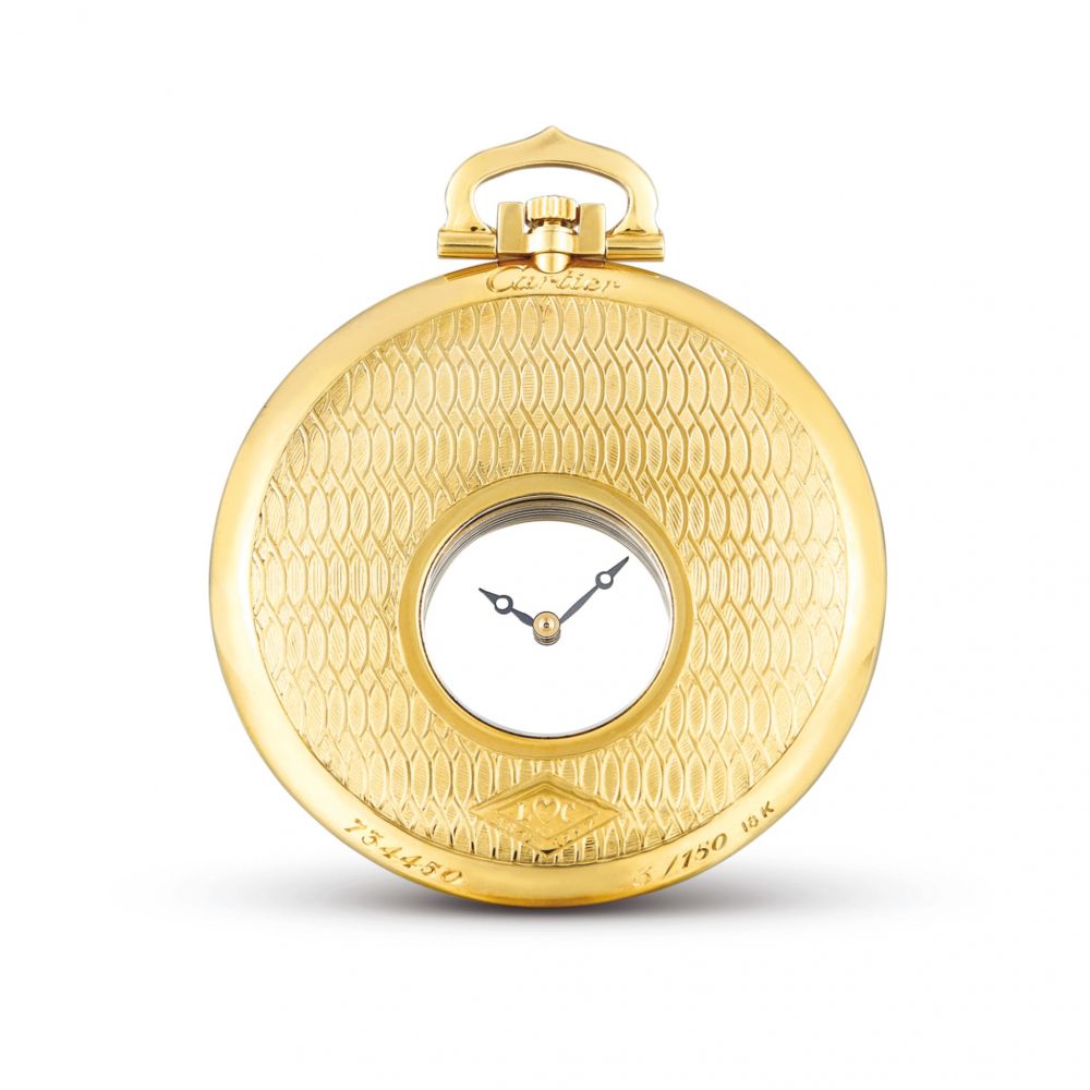 CARTIER | REFERENCE HPC000011 A LIMITED EDITION YELLOW GOLD MYSTERY OPENFACE WATCH, CIRCA 1997  | 卡地亞 | 型號 HPC000011 限量版黃金神秘懷錶，錶殼編號734450及3/150，約1997年製