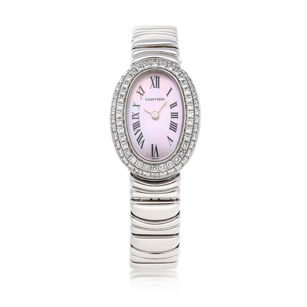 Cartier | Mini Baignoire, Reference 2369, A white gold and diamond-set wristwatch with mother-of-pearl dial and bracelet, circa 2010 | 卡地亞 | Mini Baignoire 型號2369 白金鑲鑽石鏈帶腕錶，備珠母貝錶盤，約2010年製