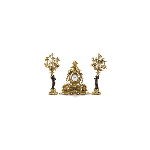 An imposing French Napoleon III gilt bronze sculptural mantel clock garniture, circa 1870
