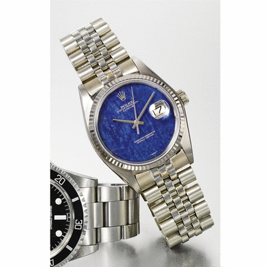 ROLEX - A Rare White Gold Automatic Sweep Seconds Wristwatch with Lapis Lazuli Dial, Date and Bracelet Oyster Perpetual, Datejust, Circa 1979, Ref. 16019