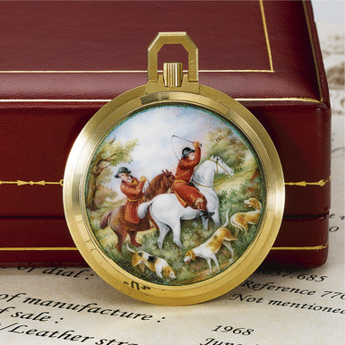 PATEK PHILIPPE - A Fine and Unique Gold Openface Watch with Painted Enamel Scene Depicting A Foxhunt Retailed by Cartier, 'The Check', 1968, Movement No. 893280, Case No. 2673685, Ref 770/2