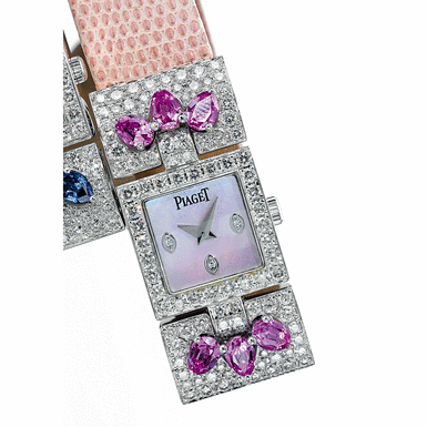 PIAGET, A LADY'S WHITE GOLD, DIAMOND AND PINK SAPPHIRE SET&&NBSP - SQUARE WRISTWATCH WITH MOTHER-OF-PEARL DIAL CIRCA 2007 REF P10071