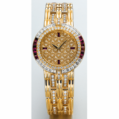 PATEK PHILIPPE, A GOLD, DIAMOND AND RUBY SET RECTANGULAR BRACELET WATCH CIRCA 1990 REF 3833 MVT NO 1549218 CASE NO 2855888