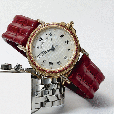 BREGUET - A Gold Ruby and Diamond-Set Automatic Sweep Seconds Wristwatch with Date and Mother-of-Pearl Dial CIRCA 1995 REF 1889B MARINE