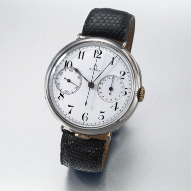 OMEGA - An Oversized and Rare Silver Hinged Single Button Chronograph Aviator's Wristwatch with Enamel Dial 1917 REF 568.18 MVT 4636414 CASE 5705978