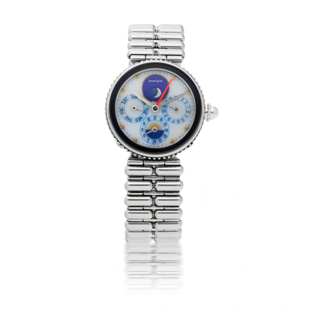 GERALD GENTA | GEFICA, REF G27967 STAINLESS STEEL AND LAPIS LAZULI DUAL TIME WRISTWATCH WITH DAY, DATE, MOON PHASES, DAY/NIGHT INDICATION AND BRACELET CIRCA 2000