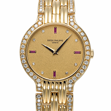 PATEK PHILIPPE, A GOLD, DIAMOND AND RUBY SET BRACELET WATCH CIRCA 1989&&NBSP - REF 3965/1J MVT&&NBSP - 1816306 CASE 2871138&&NBSP