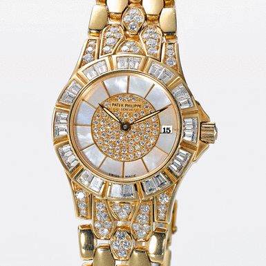 PATEK PHILIPPE, A LADY'S FINE&&NBSP - GOLD AND DIAMOND SET BRACELET WATCH WITH DATE AND MOTHER-OF-PEARL DIAL CIRCA 1990 REF 4883/1J NEPTUNE