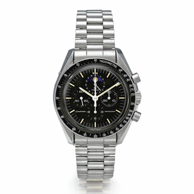 OMEGA - A STAINLESS STEEL CHRONOGRAPH WRISTWATCH WITH REGISTERS, DATE, MOON-PHASES, TACHOMETER AND BRACELET CIRCA 1984 REF ST 345.0809 SPEEDMASTER PROFESSIONAL