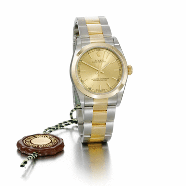 ROLEX - A STAINLESS STEEL AND GOLD MID-SIZE AUTOMATIC CENTRE SECONDS WRISTWATCH WITH BRACELET CIRCA 2003 REF 77483 OYSTER PERPETUAL