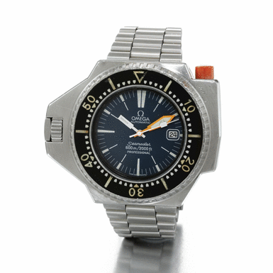 OMEGA - A RARE AND UNUSUAL OVER-SIZED STAINLESS STEEL AUTOMATIC CENTRE SECONDS DIVER'S WRISTWATCH WITH DATE AND BRACELET CIRCA 1975 PROFESSIONAL SEAMASTER 600 PLO-PROF