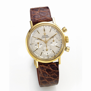 OMEGA - A YELLOW GOLD CHRONOGRAPH WRISTWATCH WITH REGISTERS AND TACHOMETER CIRCA 1965 SEAMASTER REF ST105.005