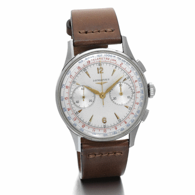 LONGINES - A STAINLESS STEEL CHRONOGRAPH WRISTWATCH WITH REGISTER, TELEMETER AND TACHOMETER CIRCA 1950