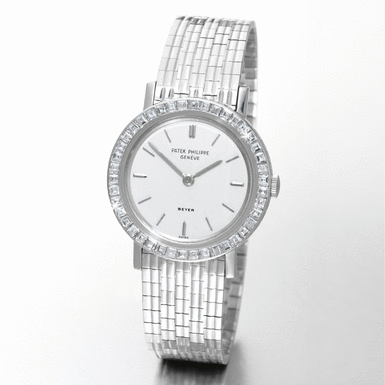 PATEK PHILIPPE - RETAILED BY BEYER: A FINE AND VERY RARE PLATINUM AND DIAMOND SET WRISTWATCH WITH BRACELET 1962 REF 3401P MVT 791929 CASE 2615230