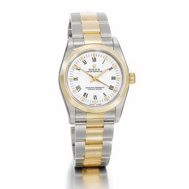 ROLEX - A STAINLESS STEEL AND YELLOW GOLD MID SIZE AUTOMATIC CENTRE SECONDS WRISTWATCH WITH BRACELET CIRCA 2003 REF 77483 OYSTER PERPETUAL