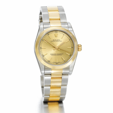 ROLEX - A STAINLESS STEEL AND YELLOW GOLD MID-SIZE AUTOMATIC CENTRE SECONDS WRISTWATCH WITH BRACELET CIRCA 2003 REF 77483 OYSTER PERPETUAL