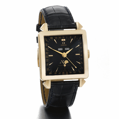 OMEGA - A PINK GOLD LIMITED EDITION SQUARE AUTOMATIC TRIPLE CALENDAR WRISTWATCH WITH MOON-PHASES CIRCA 2001 COSMIC 1951 NO 667/1951