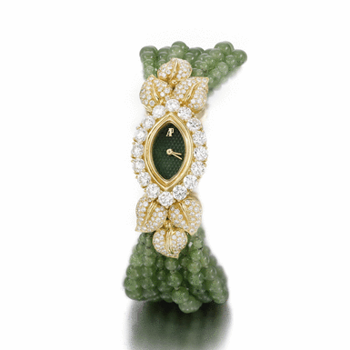 AUDEMARS PIGUET - A FINE AND UNUSUAL YELLOW GOLD, DIAMOND AND JADE BRACELET WATCH CIRCA 2000