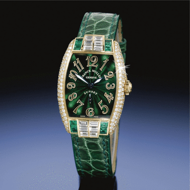 FRANCK MULLER - AN IMPRESSIVE YELLOW GOLD, EMERALD AND DIAMOND WRISTWATCH CIRCA 2000 REF 1750 S6 HJ SUNSET NO 6