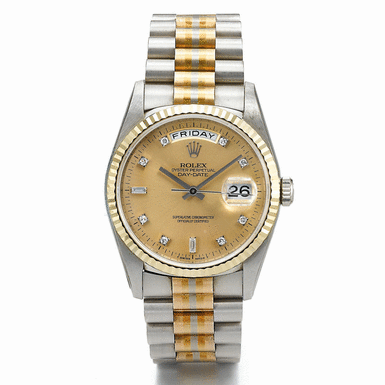 ROLEX - A THREE-COLOR GOLD AND DIAMOND SET AUTOMATIC CENTER SECONDS WRISTWATCH WITH DAY, DATE AND BRACELET CIRCA 1995 REF 182398 DAY-DATE 'TRIDOR