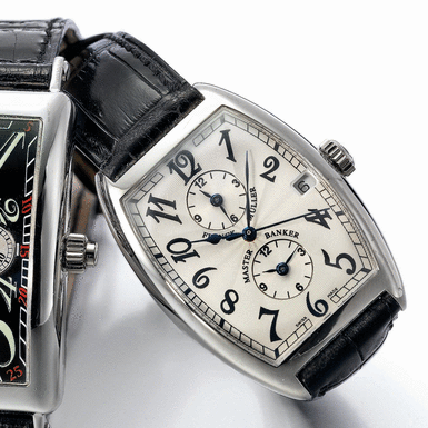 FRANCK MULLER - A WHITE GOLD TONNEAU FORM AUTOMATIC CENTER SECONDS TRIPLE TIME ZONE CENTER SECONDS WRISTWATCH WITH DATE CIRCA 2000 REF 2852 MASTER BANKER