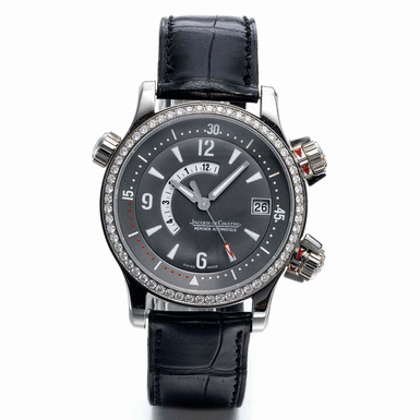 JAEGER-LECOULTRE - A WHITE GOLD AND DIAMOND SET AUTOMATIC CENTER SECONDS WRISTWATCH WITH DATE AND ALARM CIRCA 2003 MASTER COMPRESSOR MEMOVOX NO 3
