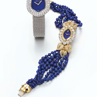 AUDEMARS PIGUET - A LADY'S YELLOW GOLD, DIAMOND SET AND LAPIS LAZULI MARQUISE SHAPED BRACELET WATCH CIRCA 1998