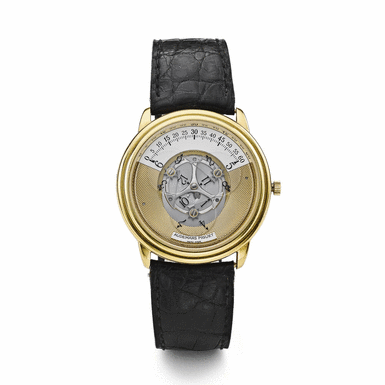 AUDEMARS PIGUET - A YELLOW GOLD AUTOMATIC WRISTWATCH WITH WANDERING HOURS CIRCA 1990 STAR WHEEL