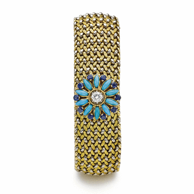 PATEK PHILIPPE - A LADY'S YELLOW GOLD CONCEALED DIAL WRISTWATCH WITHIN A YELLOW AND WHITE GOLD DIAMOND-, SAPPHIRE- AND TURQUOISE-SET CONTRACT BRACELET 1962 REF 3306/1J MVT 981219 CASE 2627611