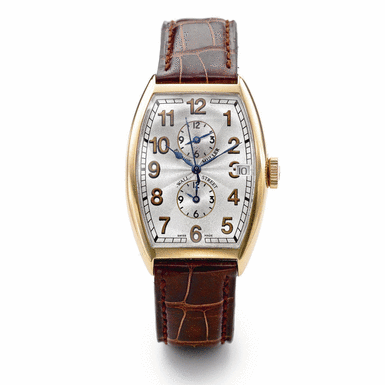 FRANCK MULLER - A LIMITED EDITION LARGE PINK GOLD TONNEAU AUTOMATIC SWEEP SECONDS THREE-TIME ZONE WRISTWATCH WITH DATE CIRCA 2000 REF 5850 MASTER BANKER WALL STREET NO 7/10