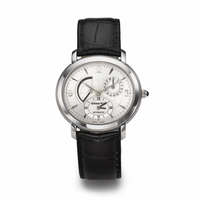 AUDEMARS PIGUET - A WHITE GOLD OVAL AUTOMATIC DUAL TIME ZONE WRISTWATCH WITH POWER RESERVE AND DATE CIRCA 2005 MILLENARY