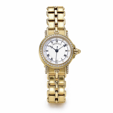 BREGUET - A LADY'S YELLOW GOLD AND MOTHER-OF-PEARL DIAMOND-SET AUTOMATIC CENTER SECONDS BRACELET WATCH WITH DATE CIRCA 1995 MARINE NO 4841