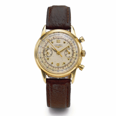LONGINES - A YELLOW GOLD CHRONOGRAPH WRISTWATCH WITH TACHOMETER, TELEMETER AND REGISTER 1953 REF 5965