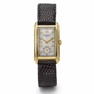 PATEK PHILIPPE - A YELLOW GOLD CURVED RECTANGULAR WRISTWATCH 1938 REF 430J MVT 832528 CASE 504885