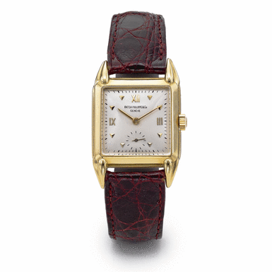 PATEK PHILIPPE - A YELLOW GOLD SQUARE WRISTWATCH WITH UNUSUAL LUGS 1946 REF 2411J MVT 950437 CASE 509955