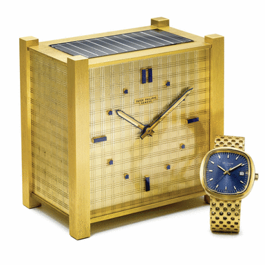 PATEK PHILIPPE - A RARE GILT METAL AND LAPIS LAZULI SOLAR-POWERED DESK TIMEPIECE 1963 REF 921 PENDULE CARR