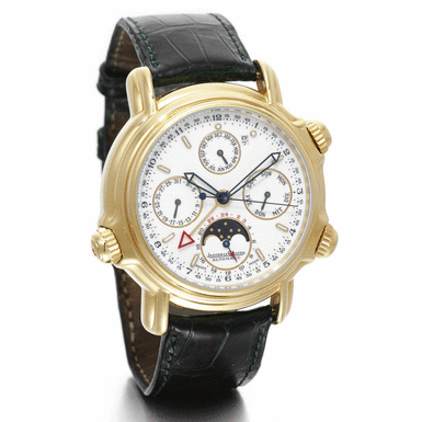 JAEGER-LECOULTRE - A YELLOW GOLD AUTOMATIC PERPETUAL CALENDAR CENTRE SECONDS WRISTWATCH WITH ALARM AND MOON-PHASES CIRCA 1993 GRAND REVEIL