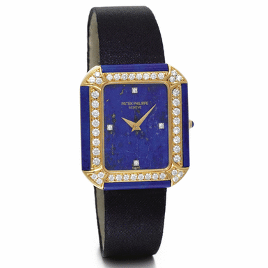 PATEK PHILIPPE - A LADY'S YELLOW GOLD, DIAMOND AND LAPIS LAZULI RECTANGULAR WRISTWATCH 1976 REF 4323J MVT 1274250 CASE 2753786