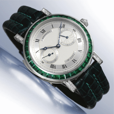 BREGUET - A MAGNIFICENT LARGE WHITE GOLD, DIAMOND AND EMERALD MINUTE REPEATING WRISTWATCH CIRCA 2000 REF 3631 NO 3128