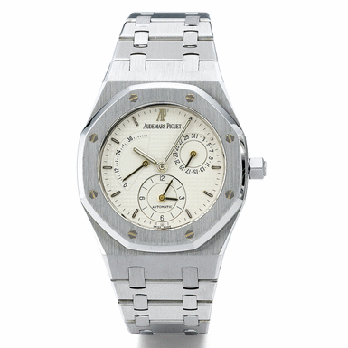 AUDEMARS PIGUET - A STAINLESS STEEL AUTOMATIC DUAL TIME ZONE BRACELET WATCH WITH DATE AND POWER RESERVE INDICATOR CIRCA 1995 ROYAL OAK NO 1004