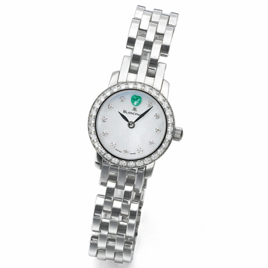 BLANCPAIN - A LADY'S WHITE GOLD, DIAMOND AND EMERALD-SET AUTOMATIC WRISTWATCH WITH MOTHER-OF PEARL DIAL AND BRACELET CIRCA 2000 LADYBIRD NO 184