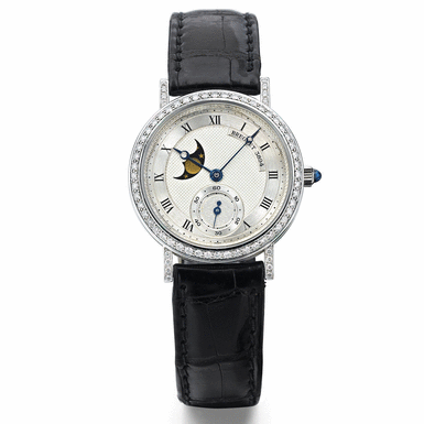 BREGUET - A LADY'S FINE WHITE GOLD AND DIAMOND-SET WRISTWATCH WITH MOON-PHASES CIRCA 1990 REF 3281 NO 3894 D
