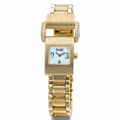 PIAGET - A LADY'S YELLOW GOLD AND DIAMOND-SET RECTANGULAR BRACELET WATCH WITH MOTHER-OF-PEARL DIAL CIRCA 2000 MISS PROTOCOLE